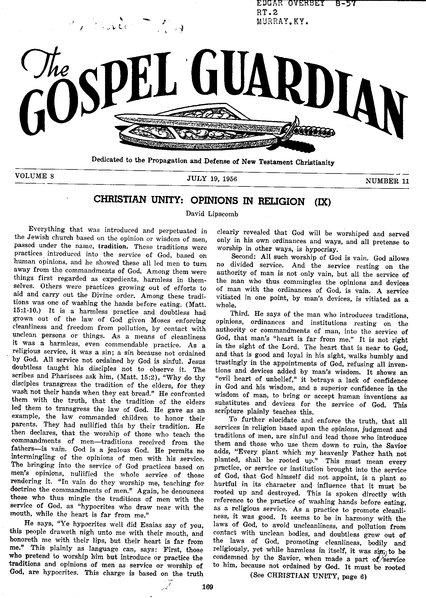 Gospel Guardian Original: Vol.8 No.11 Pg.1