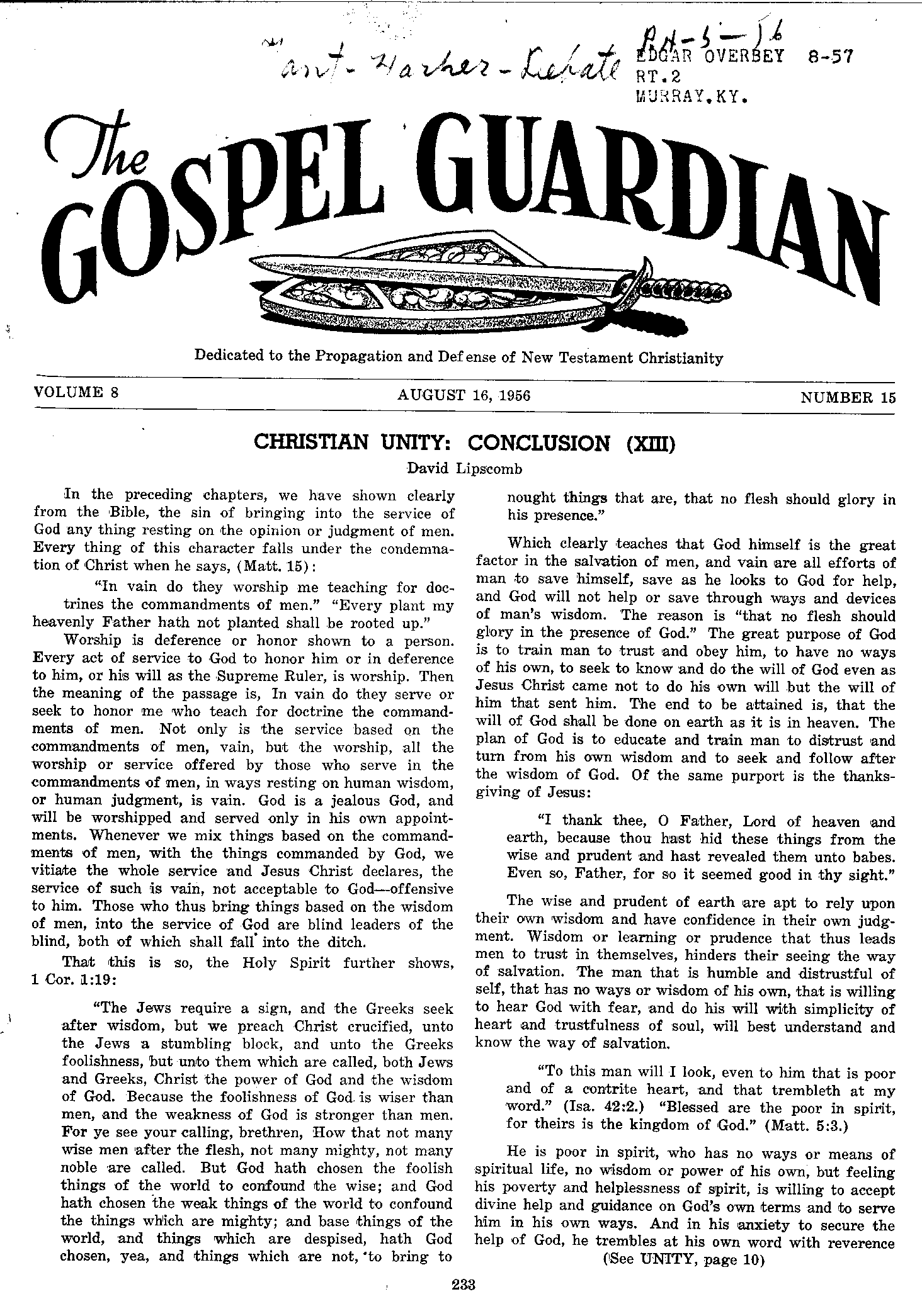 Gospel Guardian Original: Vol.8 No.15 Pg.1