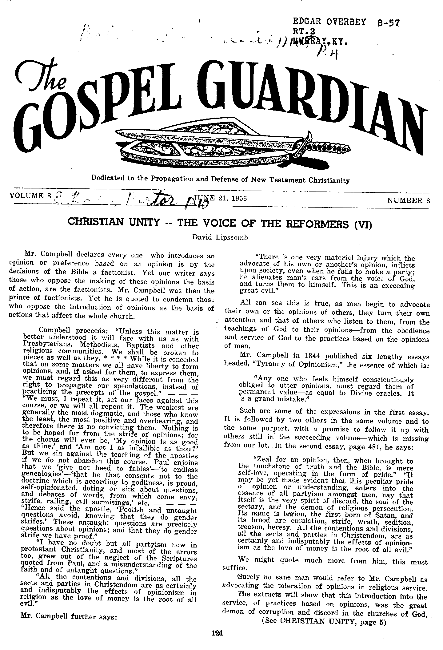 Gospel Guardian Original: Vol.8 No.8 Pg.1